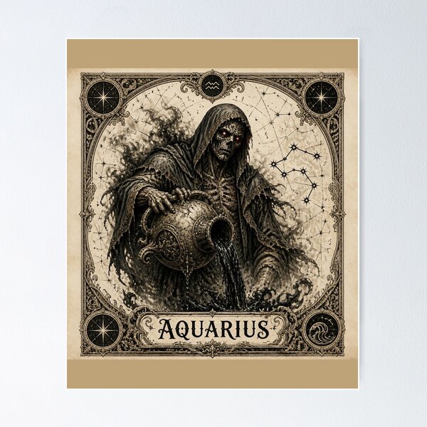 Item preview, Possessed Aquarius Zodiac Halloween Shirt | Ivory Vintage Engraving designed and sold by SunnyDesign82.