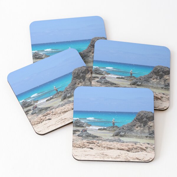 Item preview, Lone Fisherman on a Rocky Turquoise Shore designed and sold by sadeek1021953Ss.