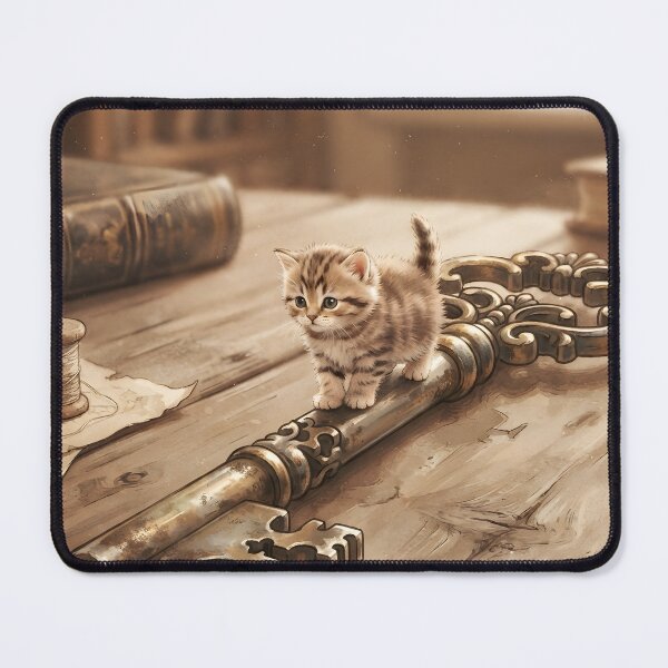 Item preview, Tiny Kitten on a Giant Vintage Skeleton Key Miniature Illustration designed and sold by DuckOddity.