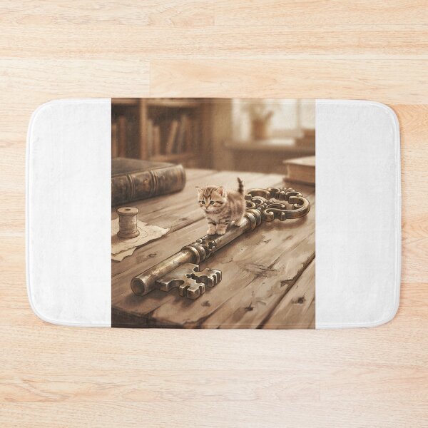 Item preview, Tiny Kitten on a Giant Vintage Skeleton Key Miniature Illustration designed and sold by DuckOddity.