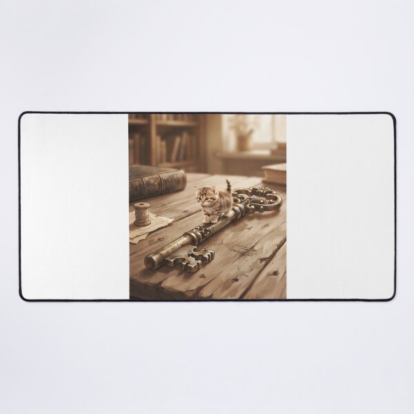 Item preview, Tiny Kitten on a Giant Vintage Skeleton Key Miniature Illustration designed and sold by DuckOddity.