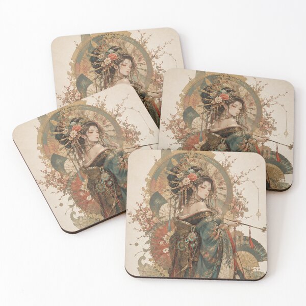 Item preview, Cyber Oiran in Teal Kimono – Japanese Fantasy Art designed and sold by Japan-kanji-ya.