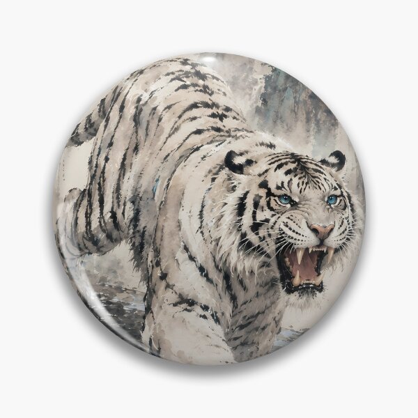 Item preview, White Tiger Roaring on Mountain Cliff | Chinese Ink Wash Waterfall Wildlife Art designed and sold by ManJiangHong.