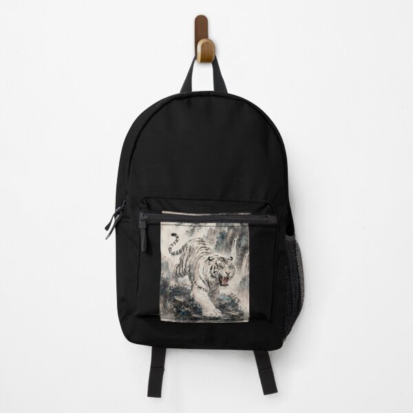 Item preview, White Tiger Roaring on Mountain Cliff | Chinese Ink Wash Waterfall Wildlife Art designed and sold by ManJiangHong.