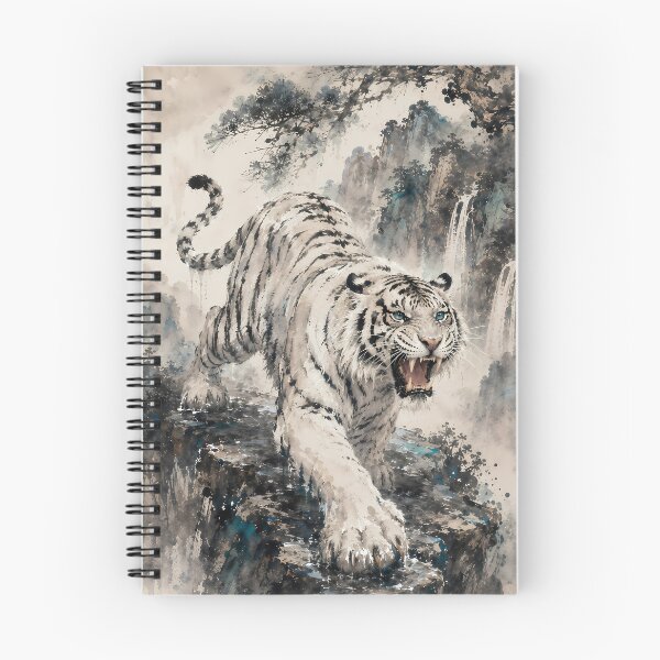Item preview, White Tiger Roaring on Mountain Cliff | Chinese Ink Wash Waterfall Wildlife Art designed and sold by ManJiangHong.