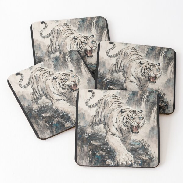Item preview, White Tiger Roaring on Mountain Cliff | Chinese Ink Wash Waterfall Wildlife Art designed and sold by ManJiangHong.