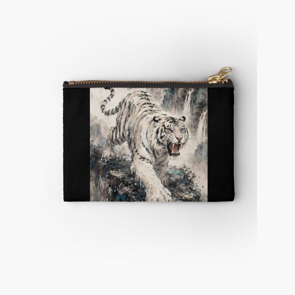Item preview, White Tiger Roaring on Mountain Cliff | Chinese Ink Wash Waterfall Wildlife Art designed and sold by ManJiangHong.