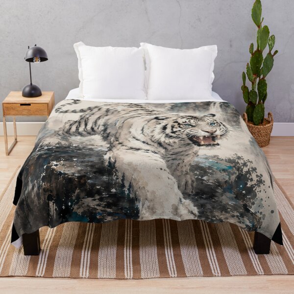 Item preview, White Tiger Roaring on Mountain Cliff | Chinese Ink Wash Waterfall Wildlife Art designed and sold by ManJiangHong.