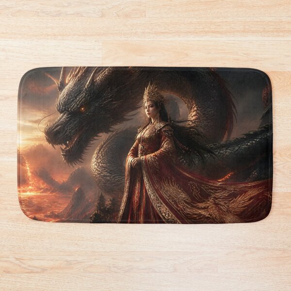 Item preview, Dragon Empress Queen with Black Dragon Over Volcanic Lava Mountains designed and sold by LittleBigGifts.