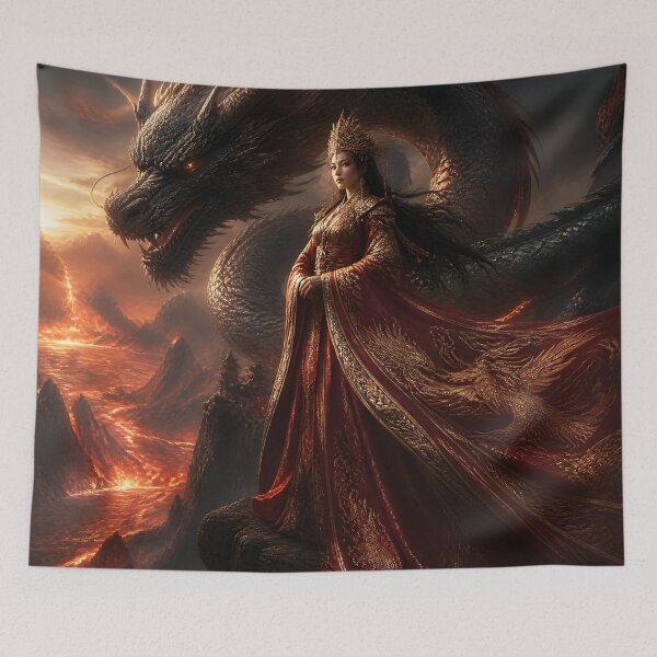 Item preview, Dragon Empress Queen with Black Dragon Over Volcanic Lava Mountains designed and sold by LittleBigGifts.