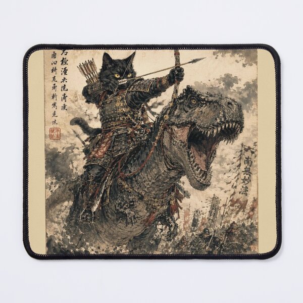 Item preview, Samurai Cat Archer Riding a T-Rex Vintage Japanese Art designed and sold by Natalia-Vlad.