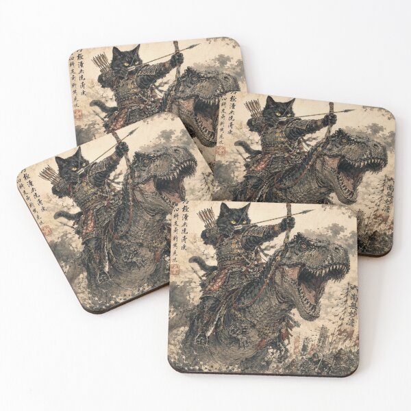 Item preview, Samurai Cat Archer Riding a T-Rex Vintage Japanese Art designed and sold by Natalia-Vlad.