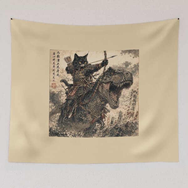 Item preview, Samurai Cat Archer Riding a T-Rex Vintage Japanese Art designed and sold by Natalia-Vlad.