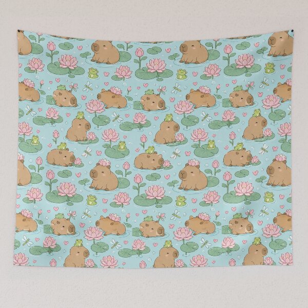 Item preview, Capybara Lotus Pond Kawaii Pattern designed and sold by Soft Berry Studio.
