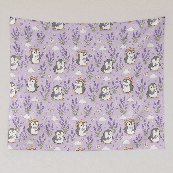 Item preview, Penguin Lavender Garden Kawaii Pattern designed and sold by Soft Berry Studio.