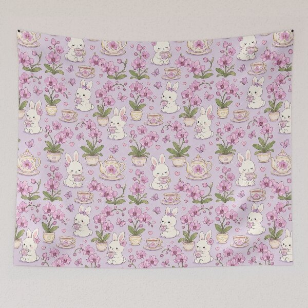 Item preview, Bunny Orchid Tea Garden Kawaii Pattern designed and sold by Soft Berry Studio.