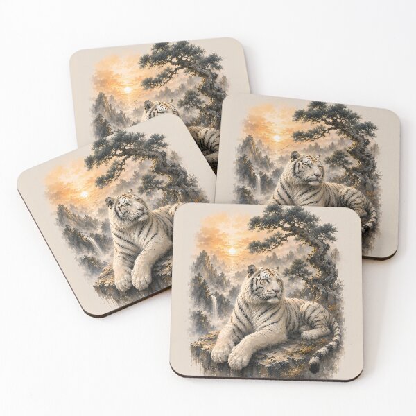 Item preview, White Tiger Beneath Ancient Pine | Chinese Ink Wash Landscape Wildlife Art designed and sold by ManJiangHong.
