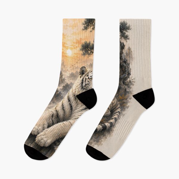 Item preview, White Tiger Beneath Ancient Pine | Chinese Ink Wash Landscape Wildlife Art designed and sold by ManJiangHong.