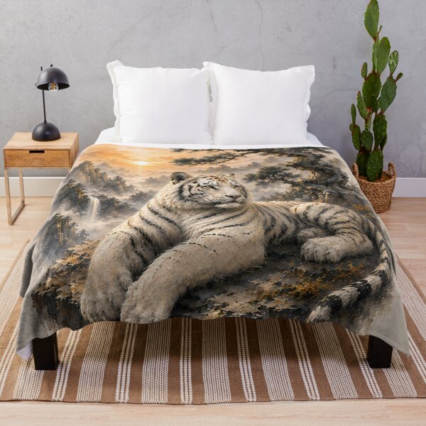 Item preview, White Tiger Beneath Ancient Pine | Chinese Ink Wash Landscape Wildlife Art designed and sold by ManJiangHong.