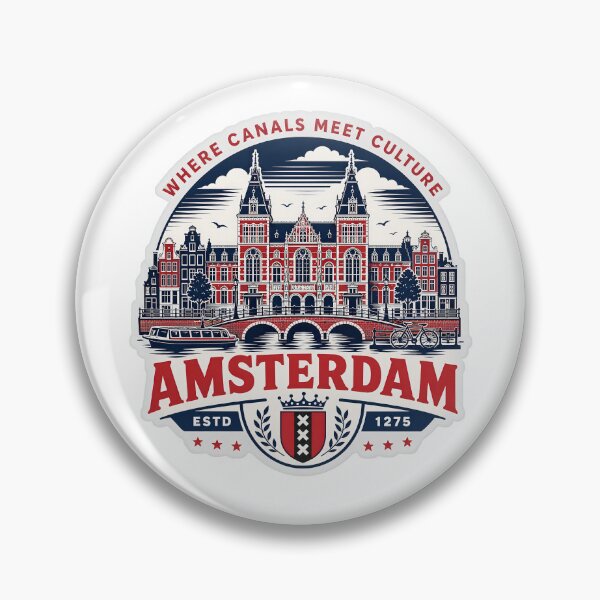 Item preview, Amsterdam Where Canals Meet Culture – Retro Dutch City Badge designed and sold by Earth Celebration Designs.