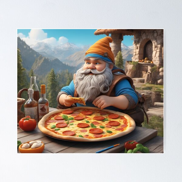 Item preview, Garden gnome eating pizza in the mountains (fantasy) designed and sold by Mauswohn.