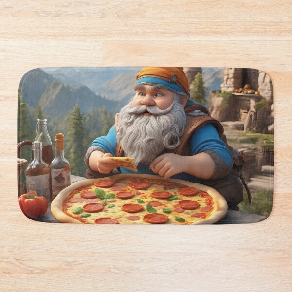 Item preview, Garden gnome eating pizza in the mountains (fantasy) designed and sold by Mauswohn.