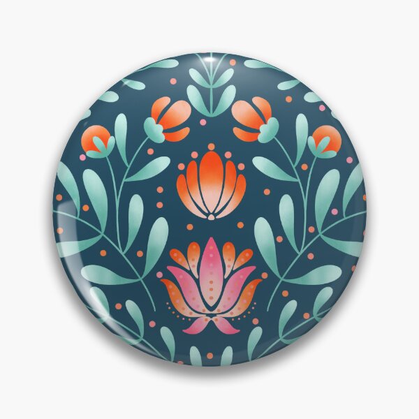 Item preview, Folk Art Floral Pattern in Coral and Navy | Symmetrical Botanical Print designed and sold by MizzleInk.