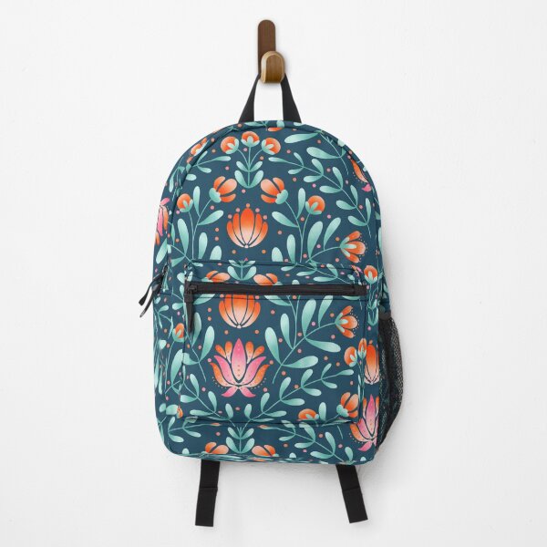 Item preview, Folk Art Floral Pattern in Coral and Navy | Symmetrical Botanical Print designed and sold by MizzleInk.