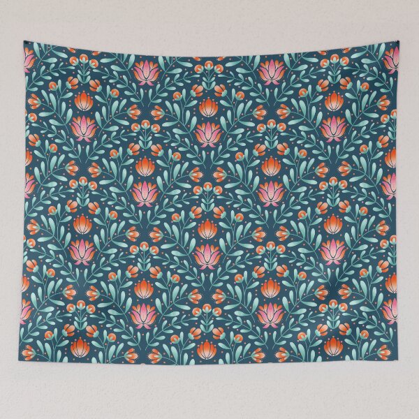 Item preview, Folk Art Floral Pattern in Coral and Navy | Symmetrical Botanical Print designed and sold by MizzleInk.