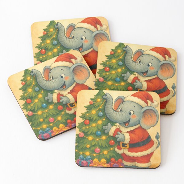 Item preview, A cute elephant dressed as Santa Claus decorates the Christmas tree. designed and sold by Mauswohn.
