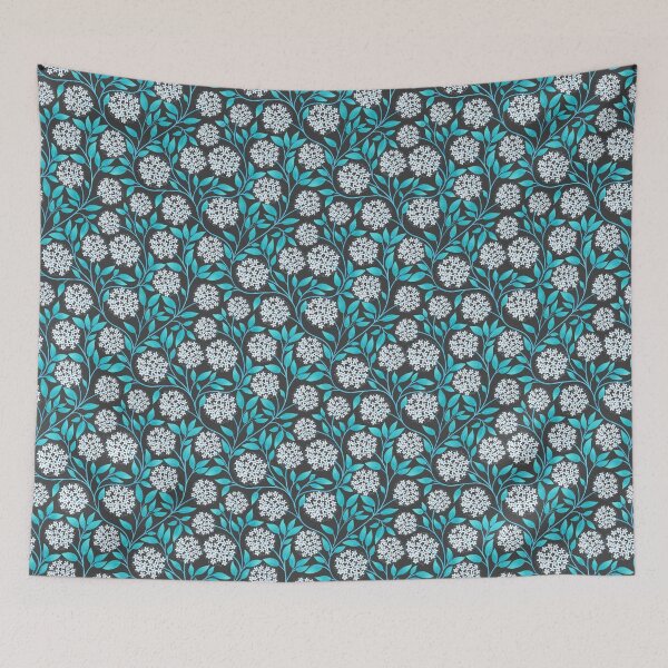 Item preview, Hydrangea Blossom Pattern in Turquoise and Charcoal | Trailing Botanical Print designed and sold by MizzleInk.