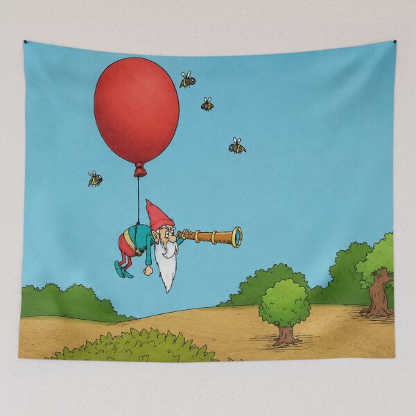 Item preview, Flying Gnome Cartoon Illustration with Balloon Telescope for Kids designed and sold by RickE.