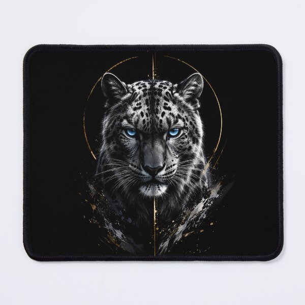 Item preview, White Snow Leopard Portrait | Blue Eyes | Black Gold Fantasy Wildlife Art designed and sold by ManJiangHong.