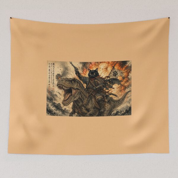 Item preview, Samurai Cat with Revolver on T-Rex, Vintage Japanese Style designed and sold by Natalia-Vlad.