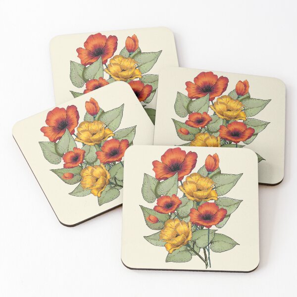 Item preview, Bright Red and Yellow Flowers, Poppies, Leaves designed and sold by JoyfulWhimsy.