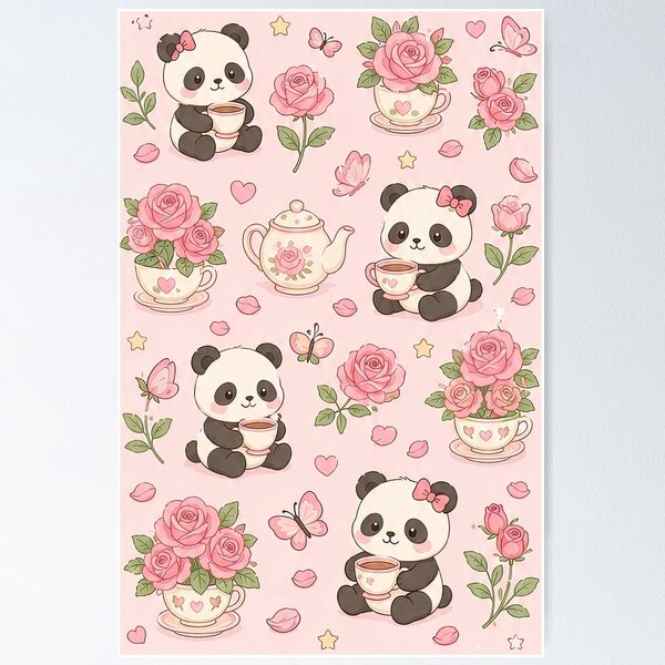 Item preview, Panda Rose Tea Pattern designed and sold by Soft Berry Studio.