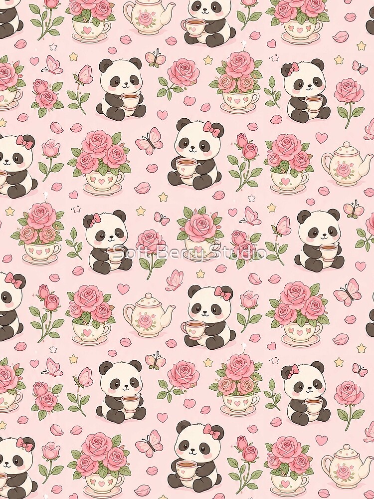 Thumbnail 3 of 3, Scarf, Panda Rose Tea Pattern designed and sold by SoftBerryStudio.