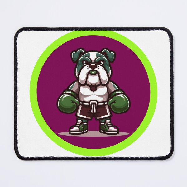 Item preview, Cute Boxing Bulldog Mascot Cartoon - Purple and Green Circle Badge designed and sold by EHdesignShop.