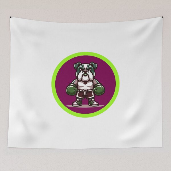 Item preview, Cute Boxing Bulldog Mascot Cartoon - Purple and Green Circle Badge designed and sold by EHdesignShop.