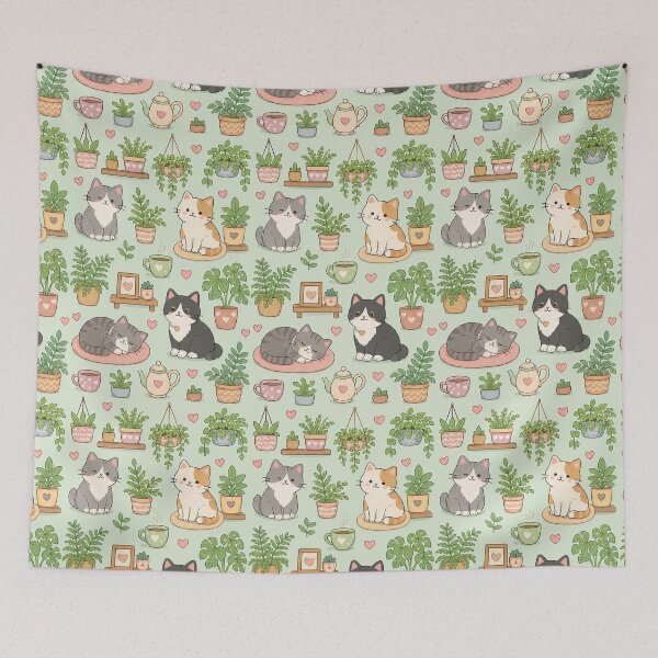 Item preview, Cozy Cat Fern Room Pattern designed and sold by Soft Berry Studio.