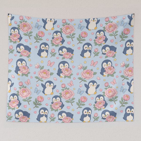 Item preview, Penguin Peony Garden Pattern designed and sold by Soft Berry Studio.