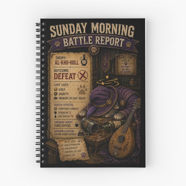 Item preview, Sunday Morning Battle Report Funny Bard Cat T-Shirt Hungover Gaming RPG Cat Tee designed and sold by Claws & Chaos.
