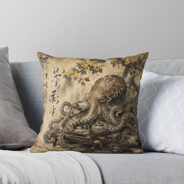 Item preview, Japanese Octopus Drinking Tea Vintage Ink Art designed and sold by Natalia-Vlad.