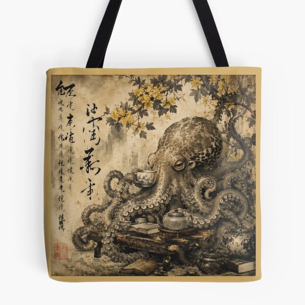 Item preview, Japanese Octopus Drinking Tea Vintage Ink Art designed and sold by Natalia-Vlad.