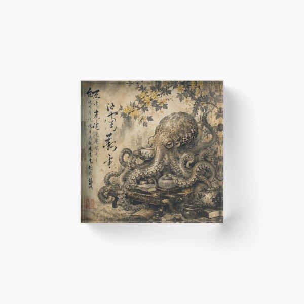 Item preview, Japanese Octopus Drinking Tea Vintage Ink Art designed and sold by Natalia-Vlad.