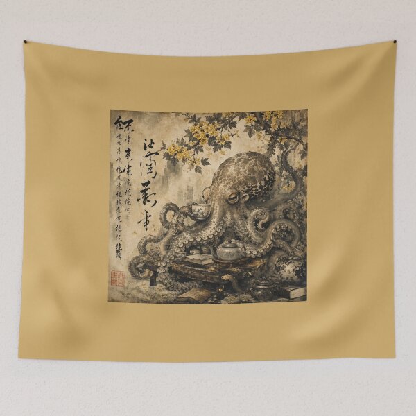 Item preview, Japanese Octopus Drinking Tea Vintage Ink Art designed and sold by Natalia-Vlad.