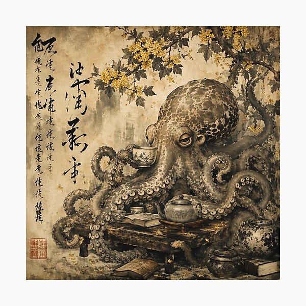 Item preview, Japanese Octopus Drinking Tea Vintage Ink Art designed and sold by Natalia-Vlad.