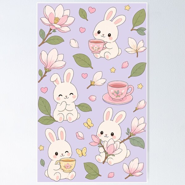 Item preview, Bunny Magnolia Tea Garden Pattern designed and sold by Soft Berry Studio.