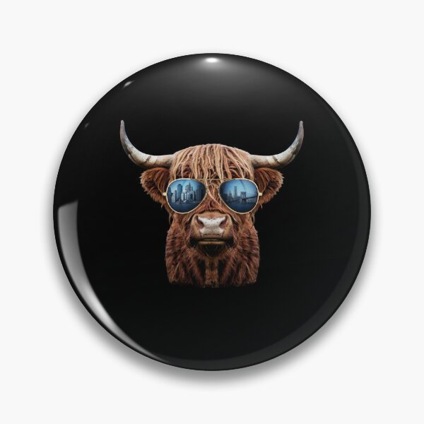 Item preview, a Highland cow wearing oversized gold-rimmed sunglasses with a city skyline reflection designed and sold by 123ks.