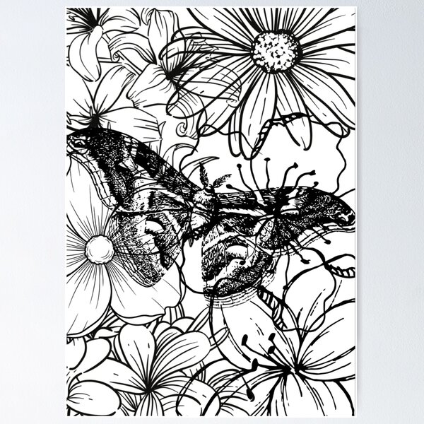 Item preview, Detailed Moon Moth and Wildflowers Aesthetic Ink Sketch designed and sold by DreamyBrushArt.